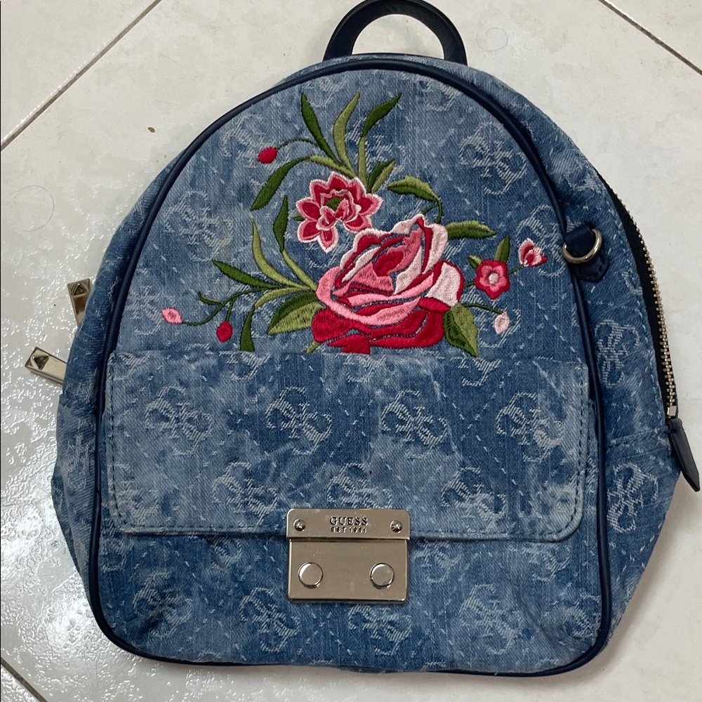 GUESS Denim Backpack with Pink & Red Floral Embroidery-it’s new -but tags off